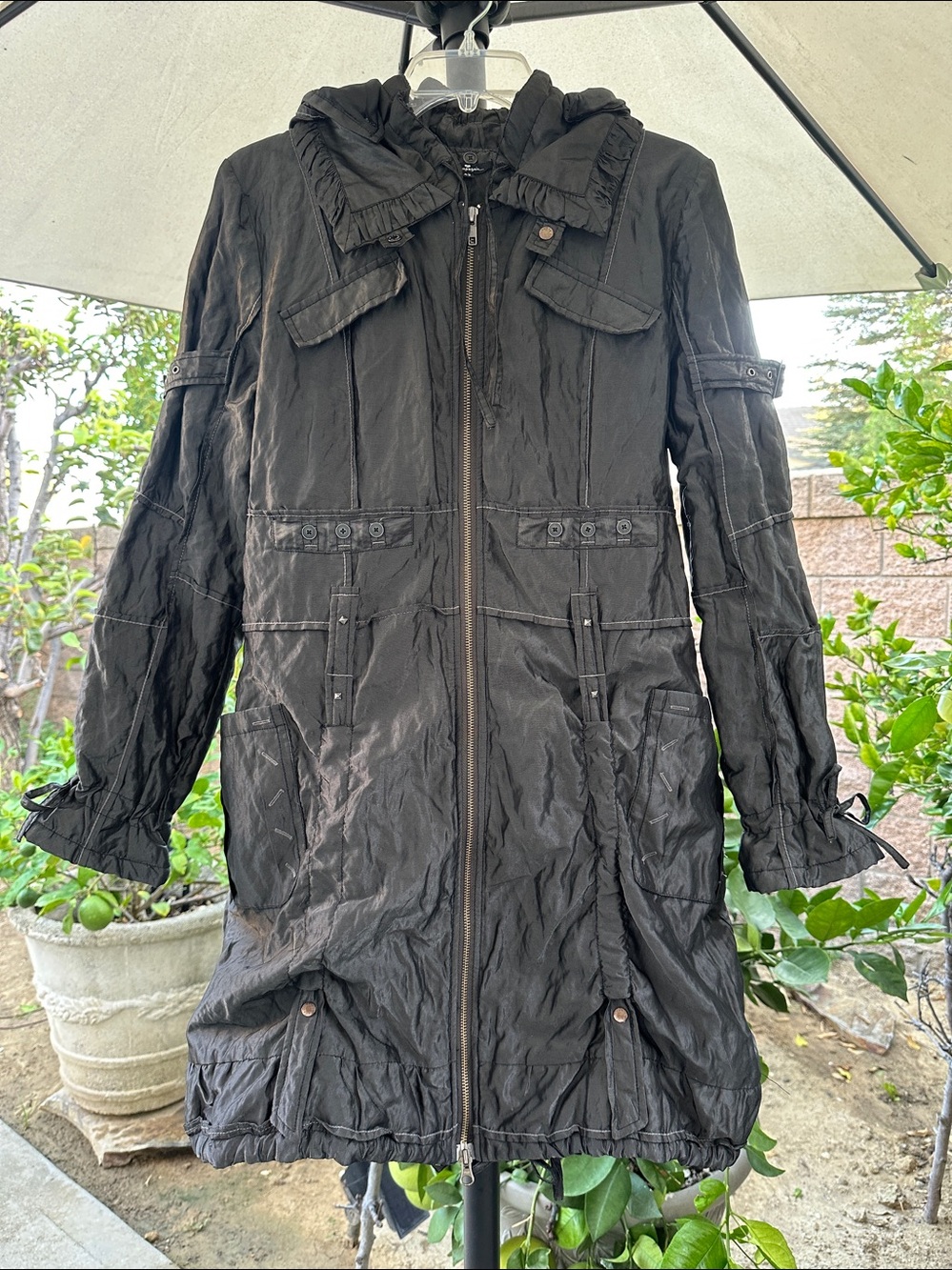 et. Compagnie Metallic Black Zip-Up Hooded Longline Padded Jacket Sz 42 (US 10)